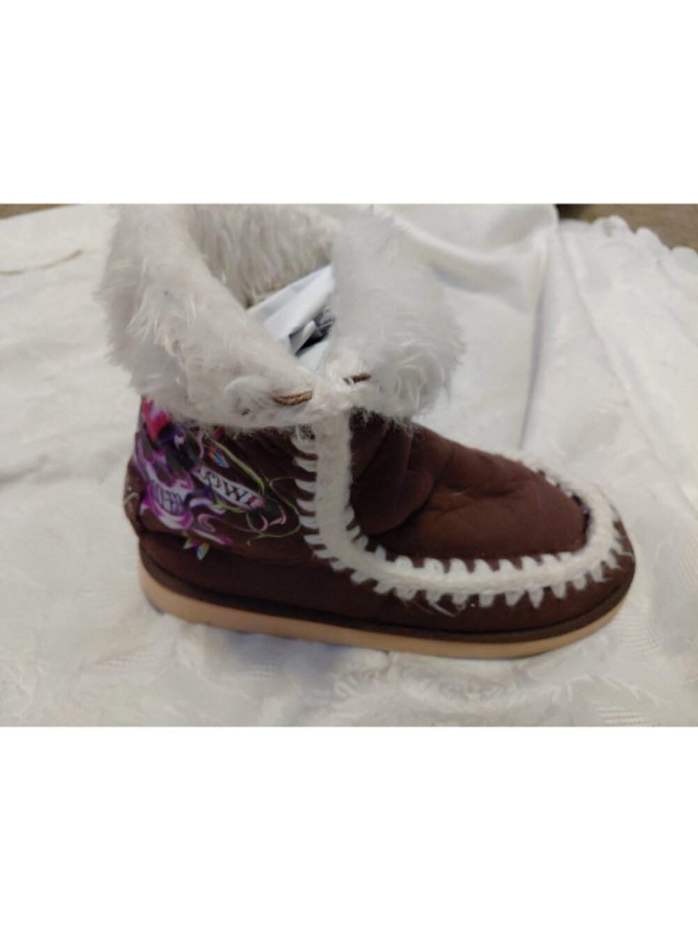 Ed Hardy Vintage Y2K Moccasin Boots Faux Suede Faux Fur Brown White Womens Size - Picture 4 of 10
